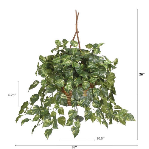 Nearly Natural Pothos Hanging Basket Silk Plant in Green/Brown
