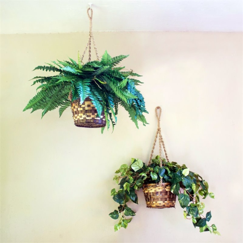 Nearly Natural Pothos Hanging Basket Silk Plant in Green/Brown