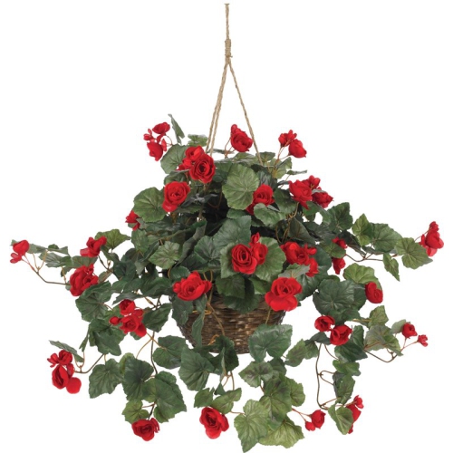 Nearly Natural Vibrant Begonia Blooms Hanging Basket in Red/Brown