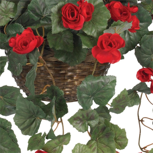 Nearly Natural Vibrant Begonia Blooms Hanging Basket in Red/Brown