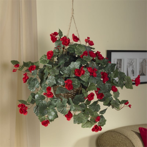 Nearly Natural Vibrant Begonia Blooms Hanging Basket in Red/Brown