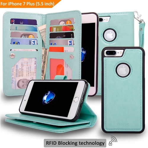 Navor iPhone 7 Plus & 8 Plus Magnetic Detachable Wallet Case [RFID Protection] [10 Card Pockets] [3 Money Pockets] -Mint