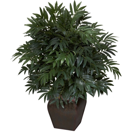 Nearly Natural Double Bamboo Palm with Decor Planter Silk Plant in Green/Brown