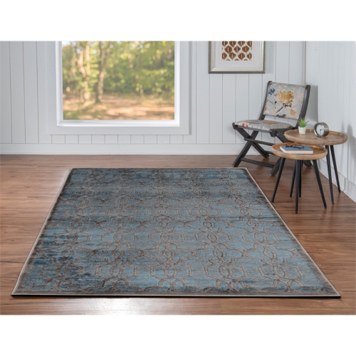 Linon RUGPM1658 5 ft. x 7 ft. 6 in. Platinum Iron Gate Indoor Area Rug - Blue & Creame