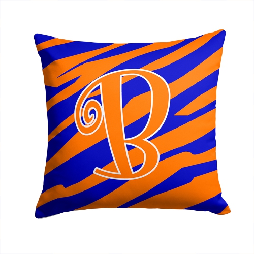 Carolines Treasures CJ1036-BPW1414 14 x 14 in. Monogram Initial B Tiger Stripe Blue and Orange Fabric Decorative Pillow