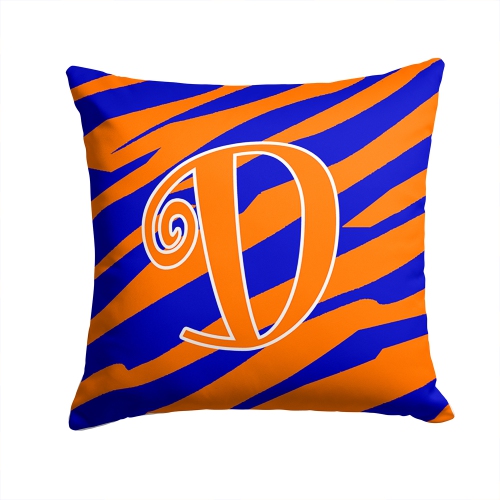 Carolines Treasures CJ1036-DPW1414 14 x 14 in. Monogram Initial D Tiger Stripe Blue and Orange Fabric Decorative Pillow