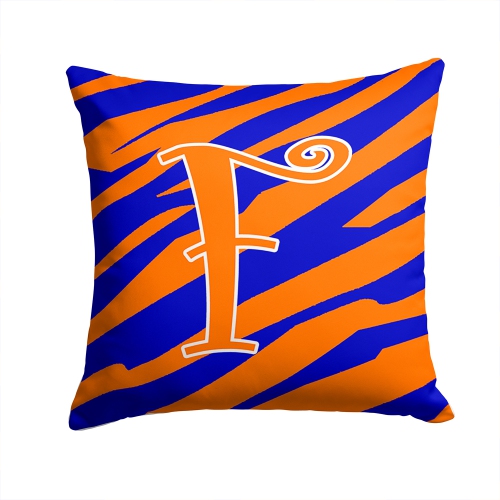 Carolines Treasures CJ1036-FPW1414 14 x 14 in. Monogram Initial F Tiger Stripe Blue and Orange Fabric Decorative Pillow
