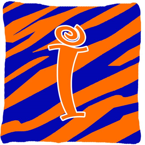 Carolines Treasures CJ1036-IPW1414 14 x 14 in. Monogram Initial I Tiger Stripe Blue and Orange Fabric Decorative Pillow