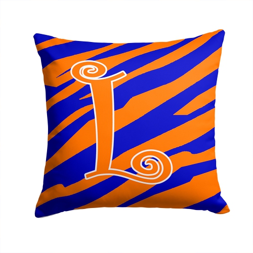 Carolines Treasures CJ1036-LPW1414 14 x 14 in. Monogram Initial L Tiger Stripe Blue and Orange Fabric Decorative Pillow