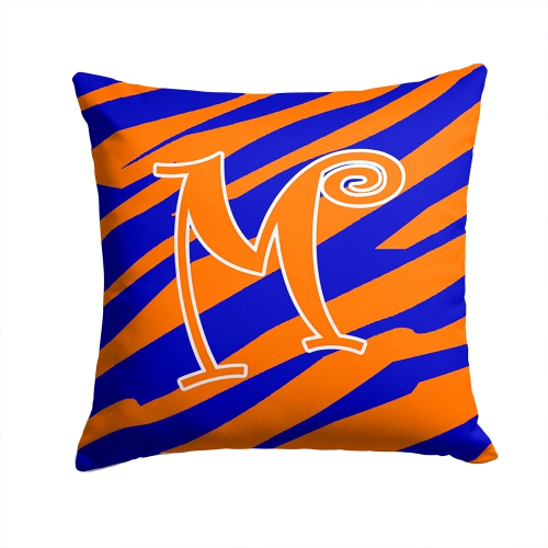 Carolines Treasures CJ1036-MPW1414 14 x 14 in. Monogram Initial M Tiger Stripe Blue and Orange Fabric Decorative Pillow