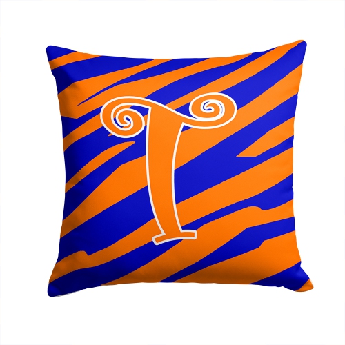 Carolines Treasures CJ1036-TPW1414 14 x 14 in. Monogram Initial T Tiger Stripe Blue and Orange Fabric Decorative Pillow