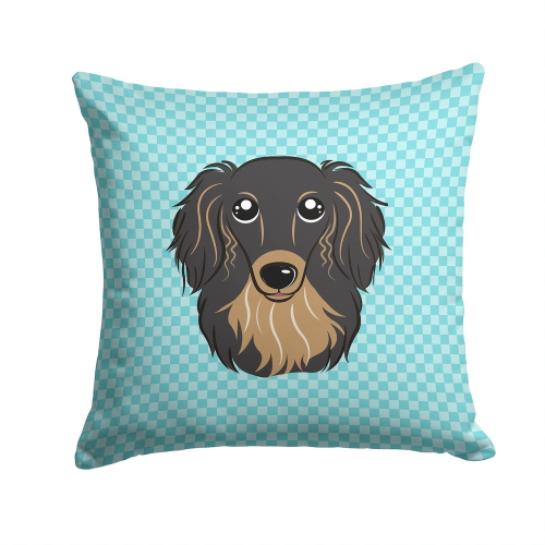 Carolines Treasures BB1151PW1414 Checkerboard Blue Longhair Black And Tan Dachshund Fabric Decorative Pillow 14 x 14 In.