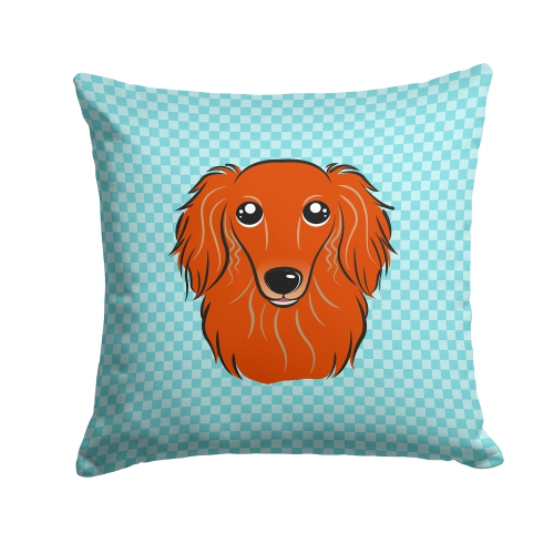 Carolines Treasures BB1152PW1414 Checkerboard Blue Longhair Red Dachshund Fabric Decorative Pillow 14 x 14 In.