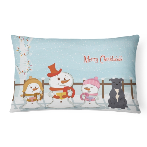 Carolines Treasures BB2377PW1216 Merry Christmas Carolers Staffordshire Bull Terrier Blue Canvas Fabric Decorative Pillow