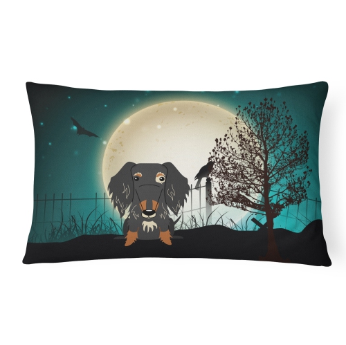 Carolines Treasures BB2318PW1216 Halloween Scary Wire Haired Dachshund Dapple Canvas Fabric Decorative Pillow