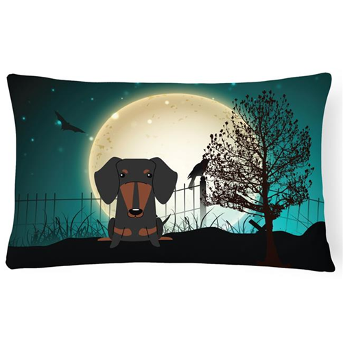 Carolines Treasures BB2322PW1216 Halloween Scary Dachshund Black & Tan Canvas Fabric Decorative Pillow