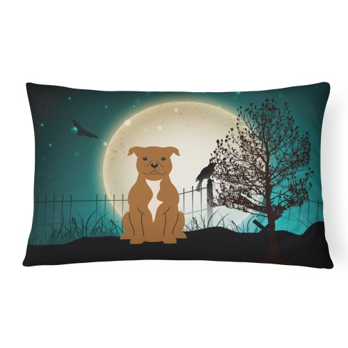 Carolines Treasures BB2237PW1216 Halloween Scary Staffordshire Bull Terrier Brown Canvas Fabric Decorative Pillow