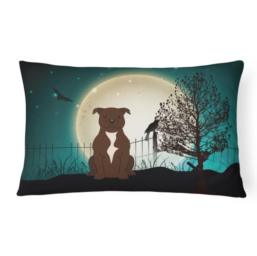 Carolines Treasures BB2238PW1216 Halloween Scary Staffordshire Bull Terrier Chocolate Canvas Fabric Decorative Pillow