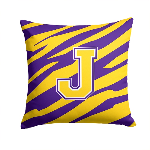 Carolines Treasures CJ1022-JPW1414 Monogram - Tiger Stripe - Purple Gold Decorative Fabric Pillow - 14 x 14 in. Initial J