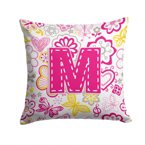 Carolines Treasures CJ2005-MPW1414 Letter M Flowers And Butterflies Pink Canvas Fabric Decorative Pillow
