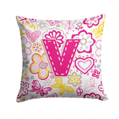 Carolines Treasures CJ2005-VPW1414 Letter V Flowers And Butterflies Pink Canvas Fabric Decorative Pillow