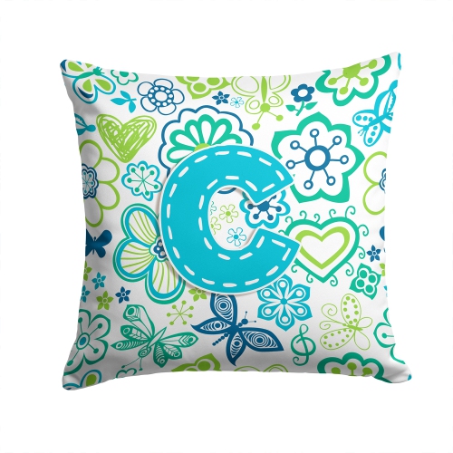 Carolines Treasures CJ2006-CPW1414 Letter C Flowers And Butterflies Teal Blue Canvas Fabric Decorative Pillow