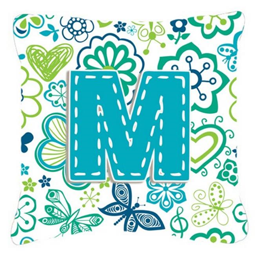 Carolines Treasures CJ2006-MPW1414 Letter M Flowers And Butterflies Teal Blue Canvas Fabric Decorative Pillow