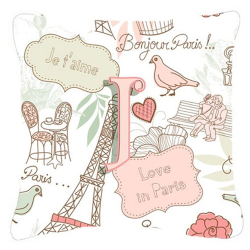 Carolines Treasures CJ2002-JPW1414 Letter J Love In Paris Pink Canvas Fabric Decorative Pillow