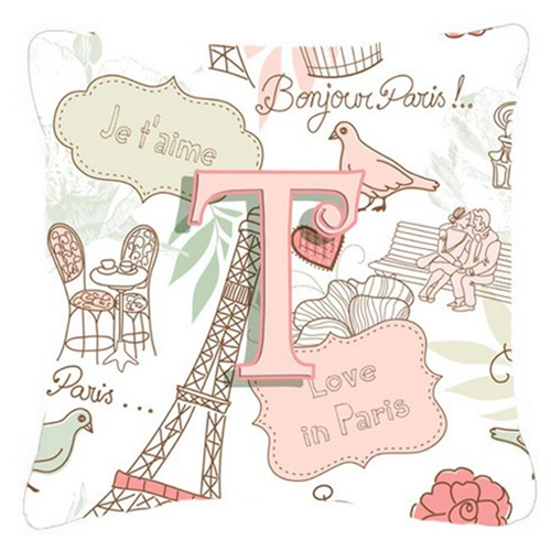 Carolines Treasures CJ2002-TPW1414 Letter T Love In Paris Pink Canvas Fabric Decorative Pillow