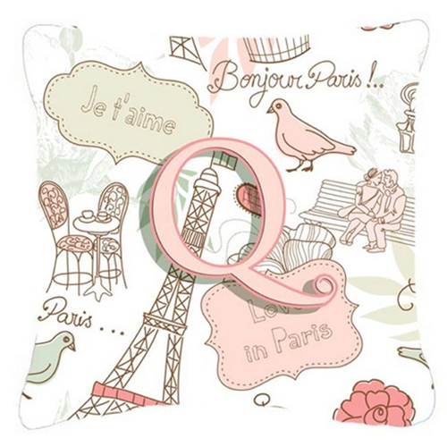 Carolines Treasures CJ2002-QPW1414 Letter Q Love In Paris Pink Canvas Fabric Decorative Pillow