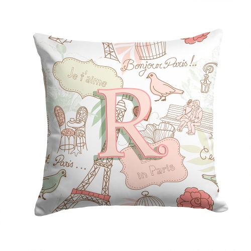 Carolines Treasures CJ2002-RPW1414 Letter R Love In Paris Pink Canvas Fabric Decorative Pillow