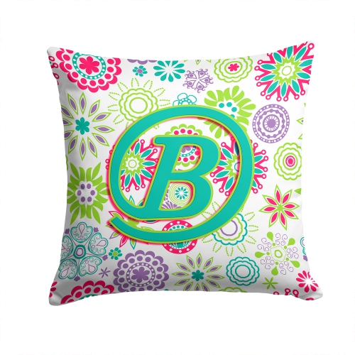 Carolines Treasures CJ2011-BPW1414 Letter B Flowers Pink Teal Green Initial Canvas Fabric Decorative Pillow