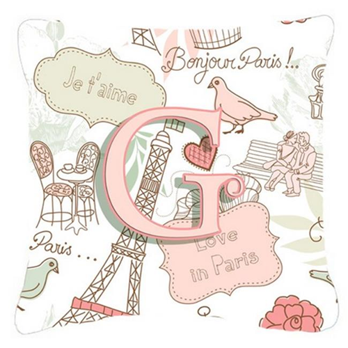 Carolines Treasures CJ2002-GPW1414 Letter G Love In Paris Pink Canvas Fabric Decorative Pillow