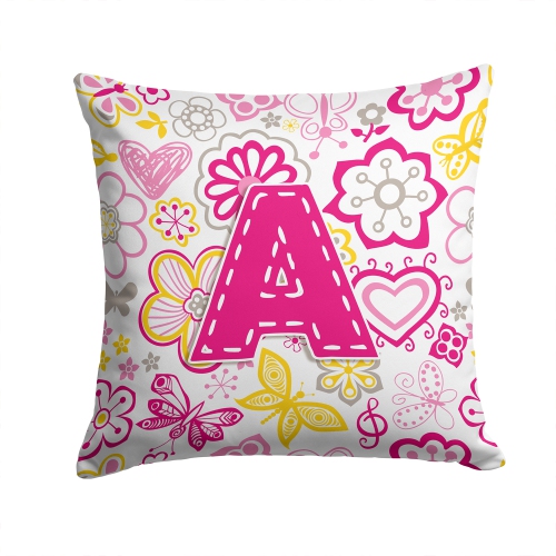 Carolines Treasures CJ2005-APW1414 Letter A Flowers And Butterflies Pink Canvas Fabric Decorative Pillow
