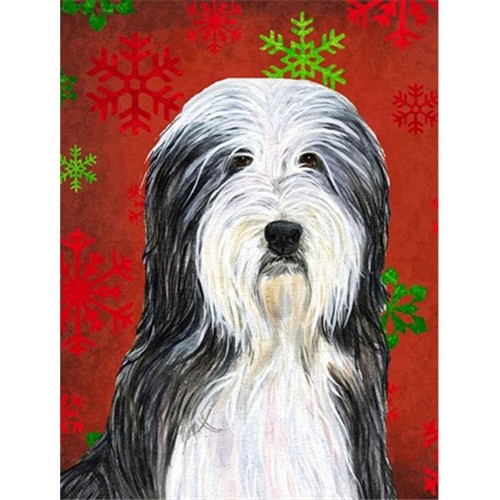 Carolines Treasures SS4704CHF Bearded Collie Red Green Snowflakes Holiday Christmas Flag Canvas House Size