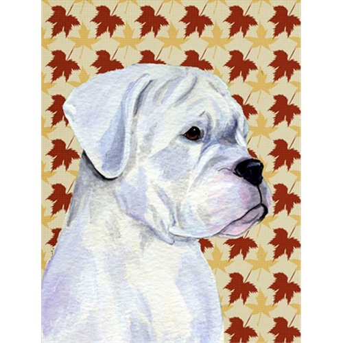 Carolines Treasures SS4347CHF 40 x 40 in. Boxer White Fall Leaves Portrait Flag Canvas House Size