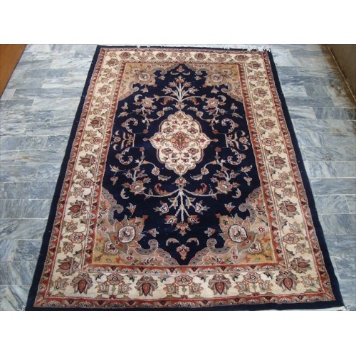 AHMEDANI  Mid Night Ivory Touch Flowers Hand Knotted Wool Silk Carpet 6.0' X 4.1' Area Rug - Mid Night /ivory In Blue