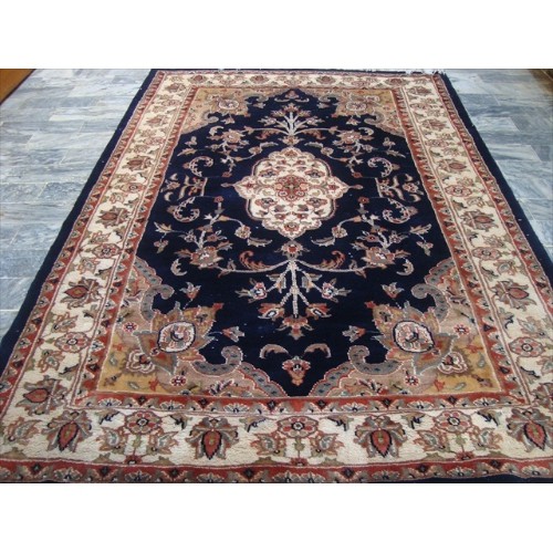 Ahmedani Mid Night Blue Ivory Touch Flowers Hand Knotted Wool Silk Carpet 6.0' x 4.1' Area Rug - Mid Night Blue/Ivory