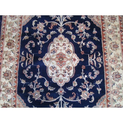 Ahmedani Mid Night Blue Ivory Touch Flowers Hand Knotted Wool Silk Carpet 6.0' x 4.1' Area Rug - Mid Night Blue/Ivory