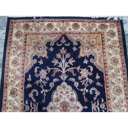 Ahmedani Mid Night Blue Ivory Touch Flowers Hand Knotted Wool Silk Carpet 6.0' x 4.1' Area Rug - Mid Night Blue/Ivory