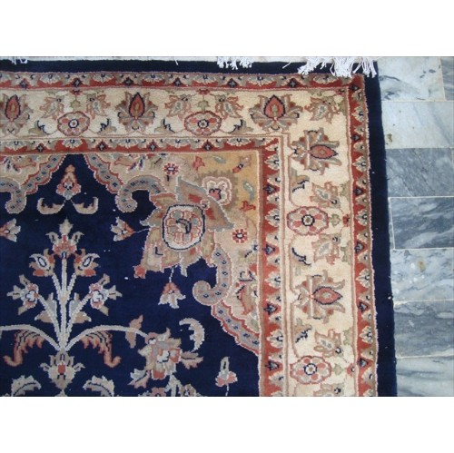 Ahmedani Mid Night Blue Ivory Touch Flowers Hand Knotted Wool Silk Carpet 6.0' x 4.1' Area Rug - Mid Night Blue/Ivory
