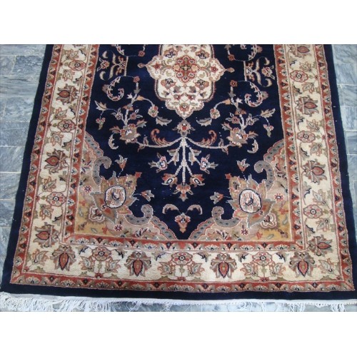Ahmedani Mid Night Blue Ivory Touch Flowers Hand Knotted Wool Silk Carpet 6.0' x 4.1' Area Rug - Mid Night Blue/Ivory