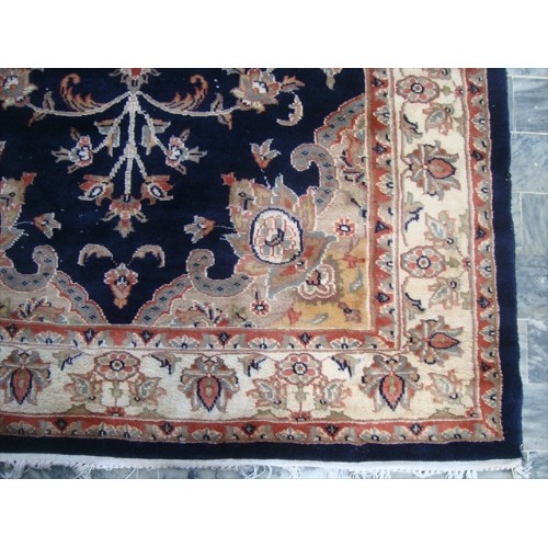 Ahmedani Mid Night Blue Ivory Touch Flowers Hand Knotted Wool Silk Carpet 6.0' x 4.1' Area Rug - Mid Night Blue/Ivory