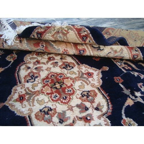 Ahmedani Mid Night Blue Ivory Touch Flowers Hand Knotted Wool Silk Carpet 6.0' x 4.1' Area Rug - Mid Night Blue/Ivory
