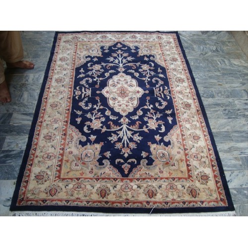 Ahmedani Mid Night Blue Ivory Touch Flowers Hand Knotted Wool Silk Carpet 6.0' x 4.1' Area Rug - Mid Night Blue/Ivory