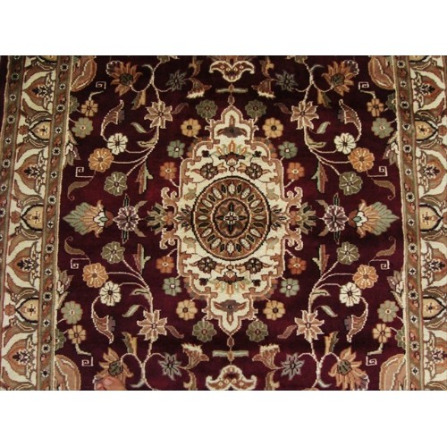 AHMEDANI  Mehroon Exclusive Hand Knotted Wool Silk Carpet 5.11' X 4.0' Area Rug - Ruby In Red