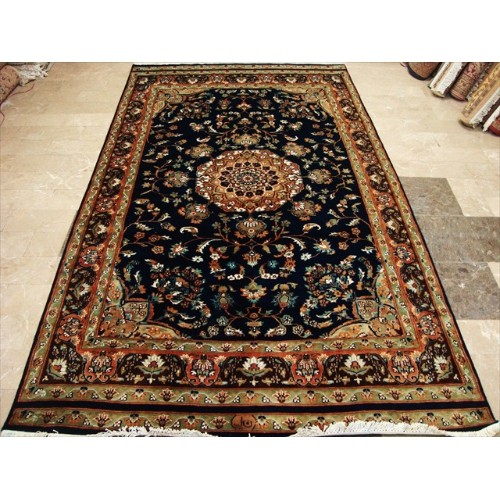 AHMEDANI  Exclusive Navy Blue & Olive Medallion Hand Knotted Silk Wool Carpet 9.0' X 5.2' Area Rug - Navy Blue/olive In Green