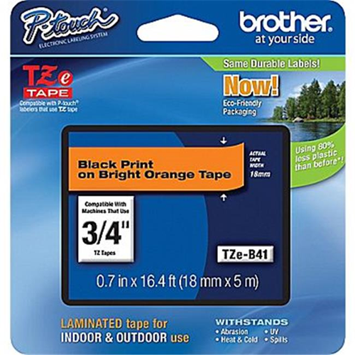 Image 1 de 1.. TZEB41 de Brother 18 mm. Ruban laminé noir sur orange fluorescent