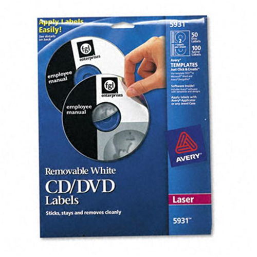 Avery 5931 CD/DVD Removable Labels for Laser Printers White Matte 50 Pack