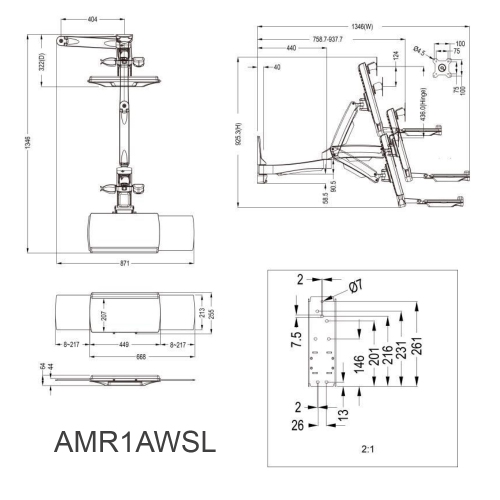 Amer Mounts Single Long Articulating Arm Wall Mount Workstation Support FlatPanel Size 32" AMR1AWSL